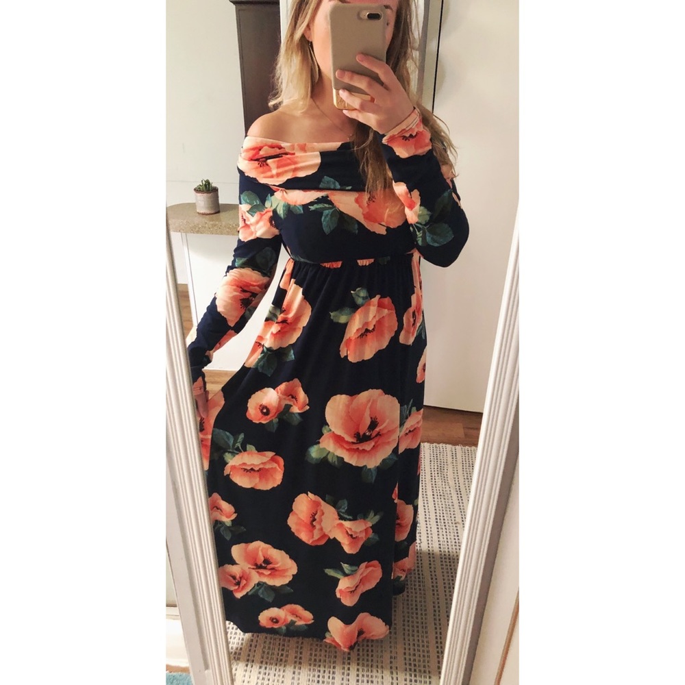 Navy dress with light pink flowers